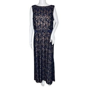 Alex Evenings Dress Womens 14 Blue Guipure Lace Sequins Beaded Belt Formal Party